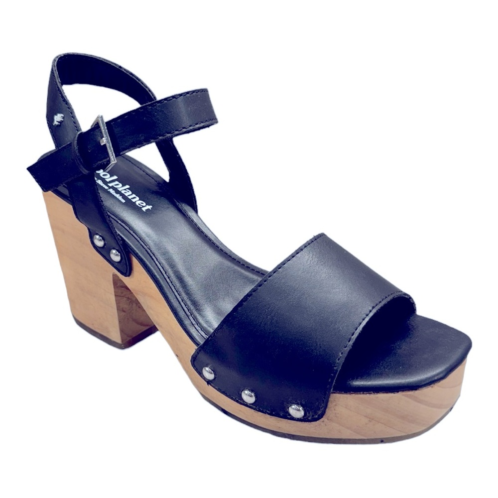 Steve Madden Black Leather Platform Sandals with Wood Block Heel